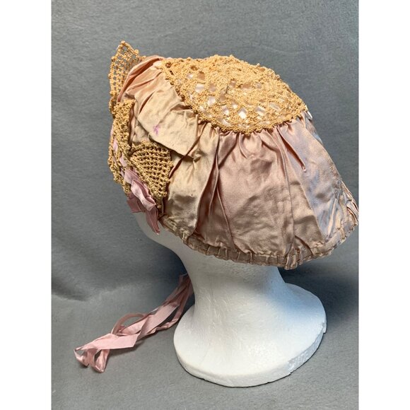 Vintage Pink Crochet & Silk Womens Bonnet with Ribbon Ties - Picture 3 of 16